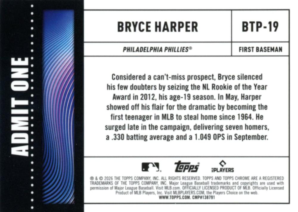 2026 Topps Chrome Big Ticket Players Bryce Harper #BTP-19 Philadelphia Phillies