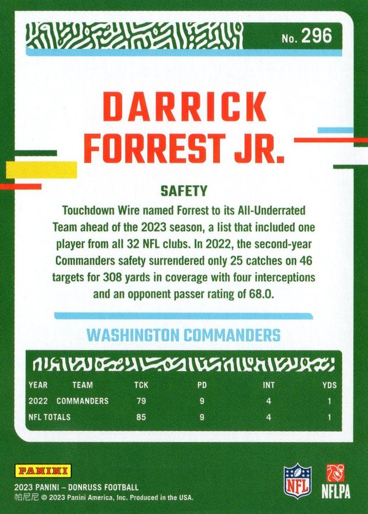 2023 Panini Donruss Darrick Forrest Jr. #296 Washington Commanders
