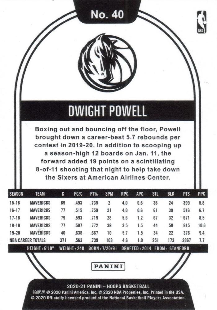 2020 Panini Hoops Dwight Powell #40 Dallas Mavericks