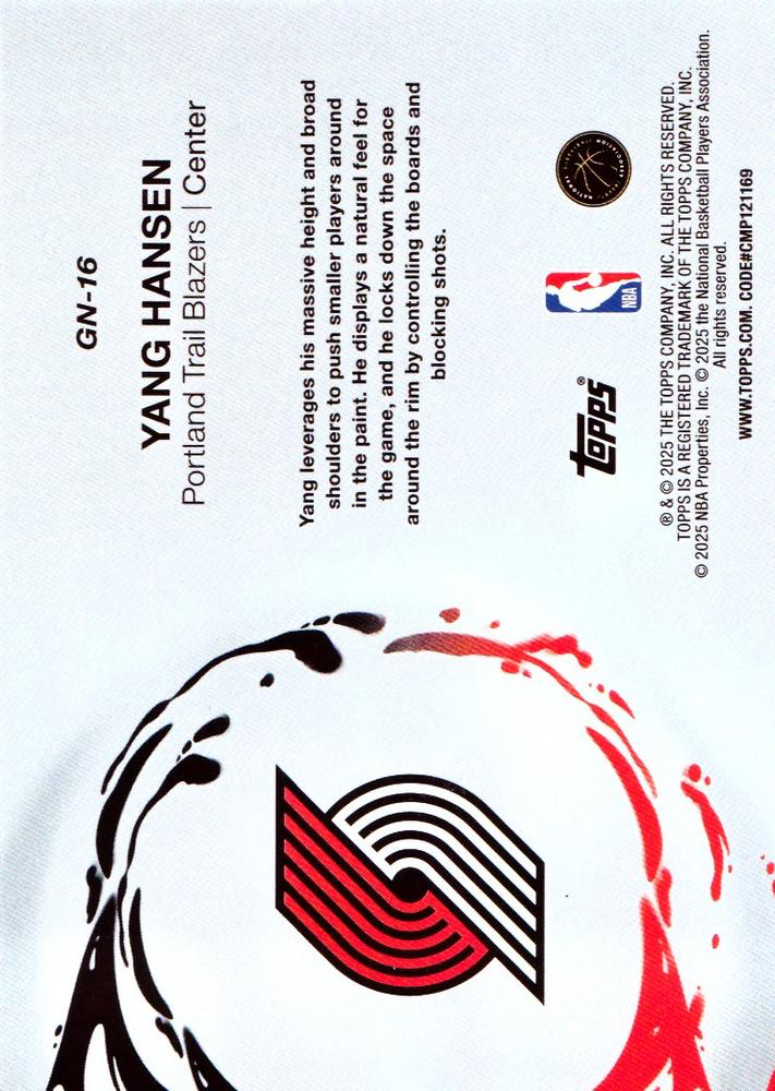 2025 Topps NBA Generation Now Yang Hansen GN-16 Portland Trail Blazers