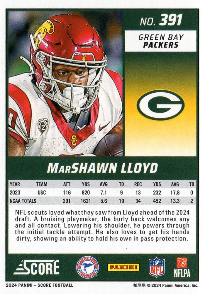 2024 Panini Score Football MarShawn Lloyd Green Bay Packers #391 RC