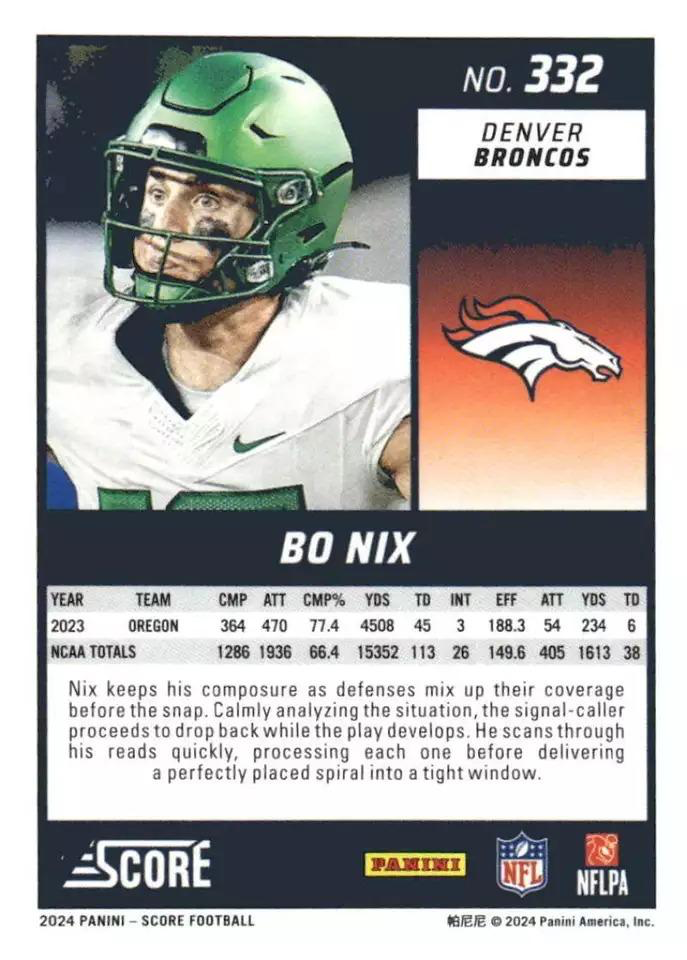 2024 Panini Score Football Bo Nix Denver Broncos #332 RC