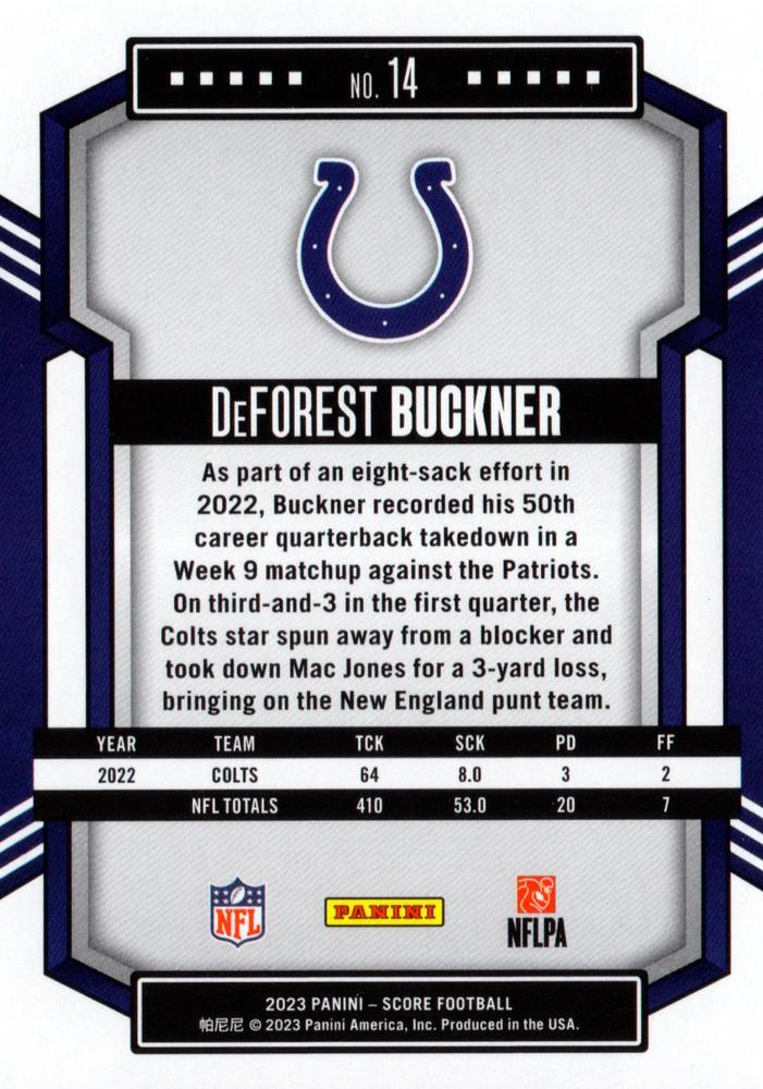 2023 Panini Score Football DeForest Buckner Indianapolis Colts #14