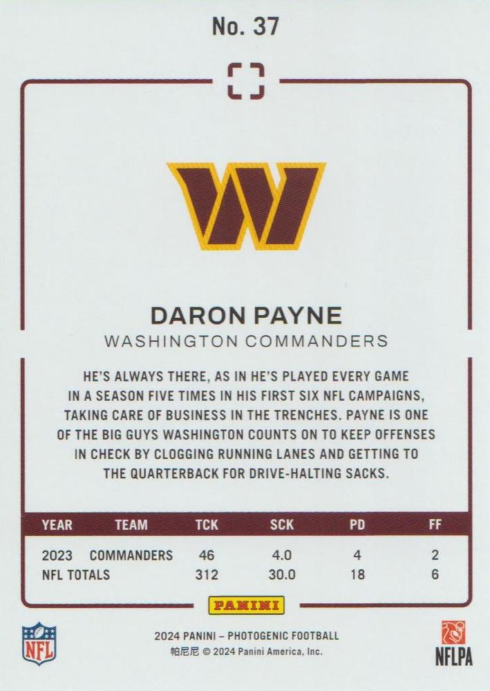 2024 Panini Photogenic Daron Payne #37 Washington Commanders