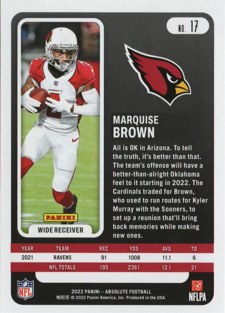 2022 Panini Absolute Marquise Brown #17 Arizona Cardinals