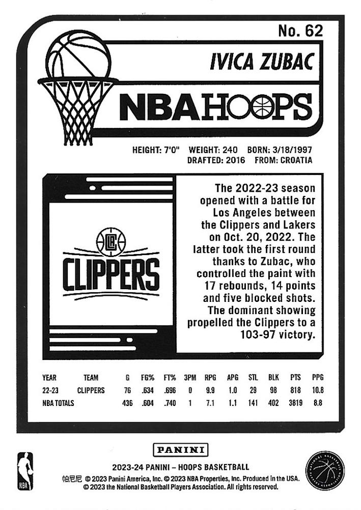 2023 Panini Hoops Ivica Zubac #62 Los Angeles Clippers