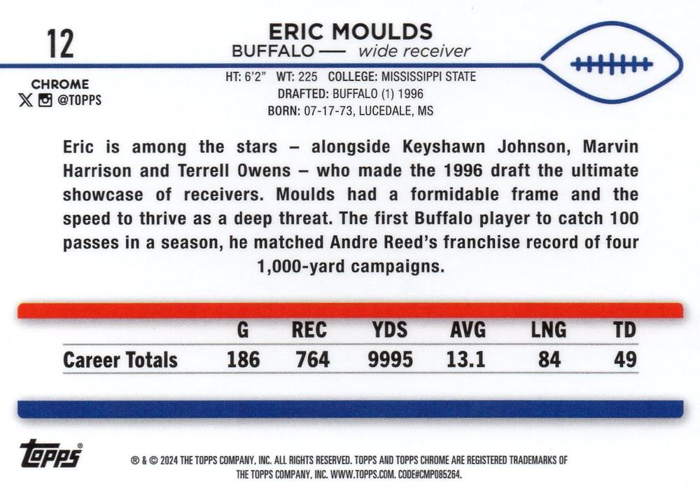 2024 Topps Chrome Football Eric Moulds #12 Buffalo Bills