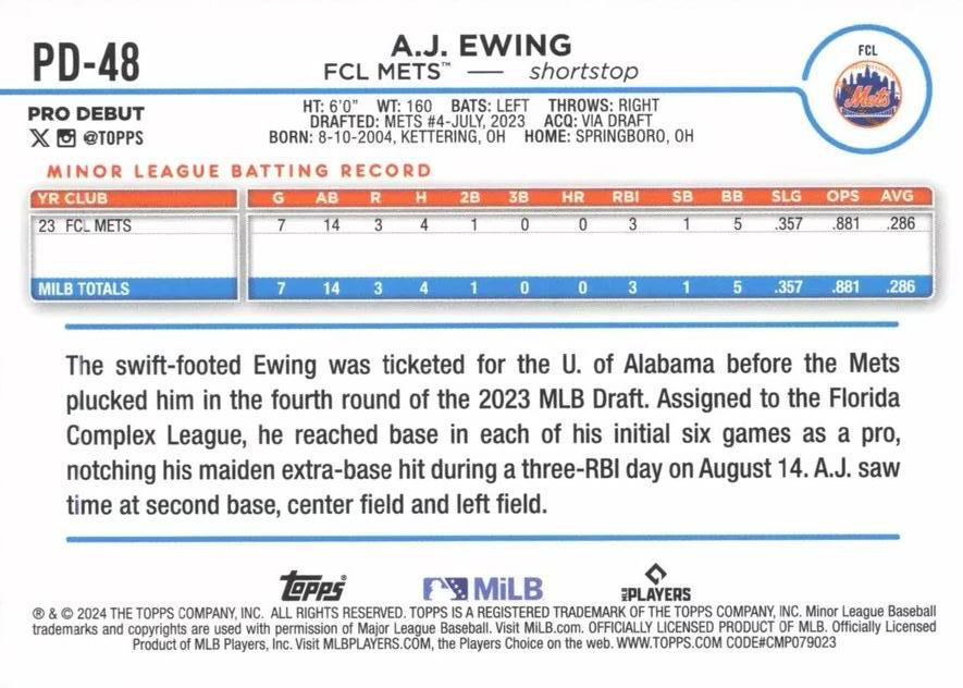 2024 Topps Pro Debut A.J. Ewing #PD-48 FCL Mets