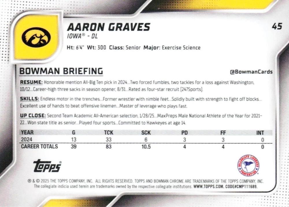 2025 Topps Bowman U Chrome Aaron Graves 1st #45 Iowa Hawkeyes