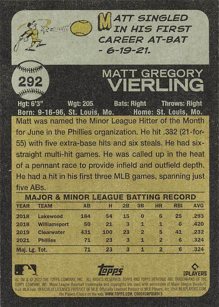 2022 Topps Heritage Matt Vierling RC Philadelphia Phillies #292