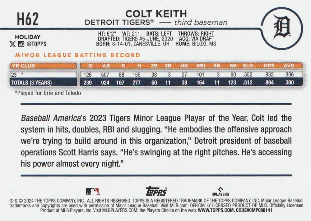 2024 Topps Holiday Colt Keith RC Detroit Tigers #H62