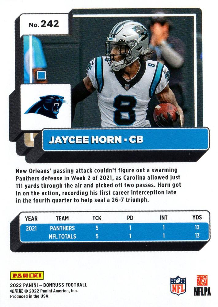 2022 Panini Donruss Jaycee Horn #242 Carolina Panthers