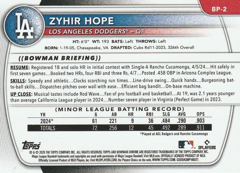 2025 Topps Bowman Prospects Zyhir Hope Los Angeles Dodgers #BP-2