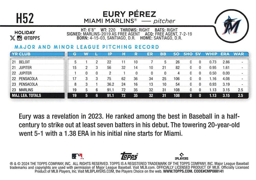 2024 Topps Holiday Eury Pérez Miami Marlins #H52