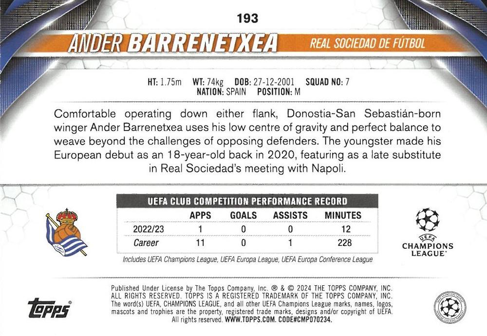 2023 Topps UCC Ander Barrenetxea #193 Real Sociedad
