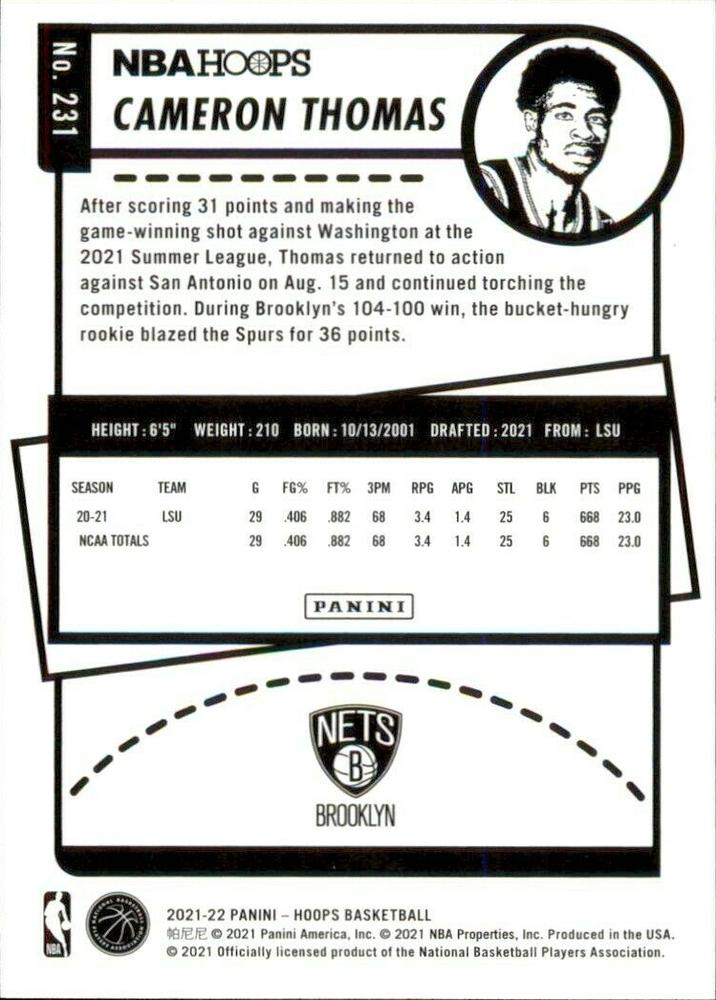 2021 Panini Hoops Cameron Thomas RC #231 Brooklyn Nets