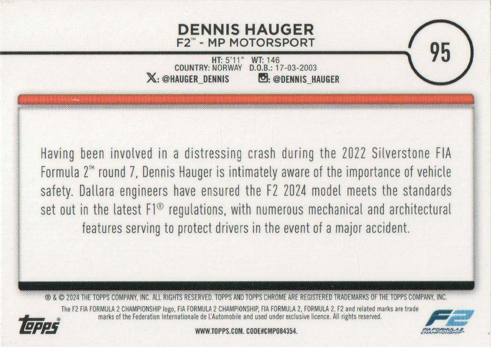 2024 Topps Chrome Formula 1 Dennis Hauger F2C #95 MP Motorsport