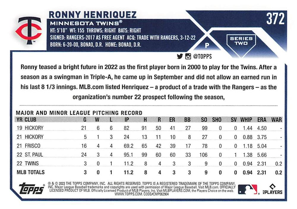 2023 Topps Series 2 Ronny Henriquez RC Minnesota Twins #372
