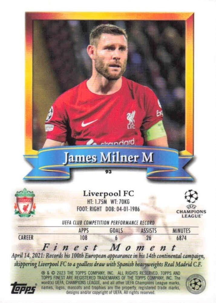 2022 Topps Finest Flashbacks UCC James Milner #93 Liverpool