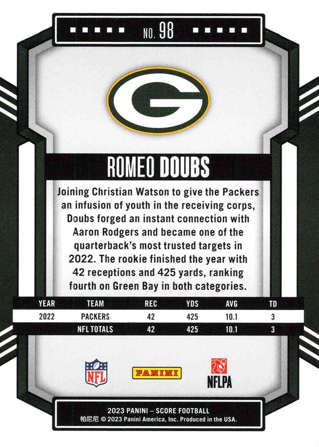 2023 Panini Score Football Romeo Doubs Green Bay Packers #98