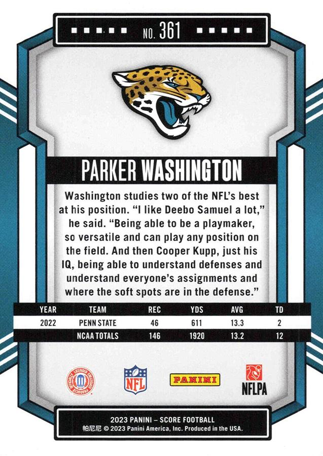 2023 Panini Score Football Parker Washington Jacksonville Jaguars #361 RC