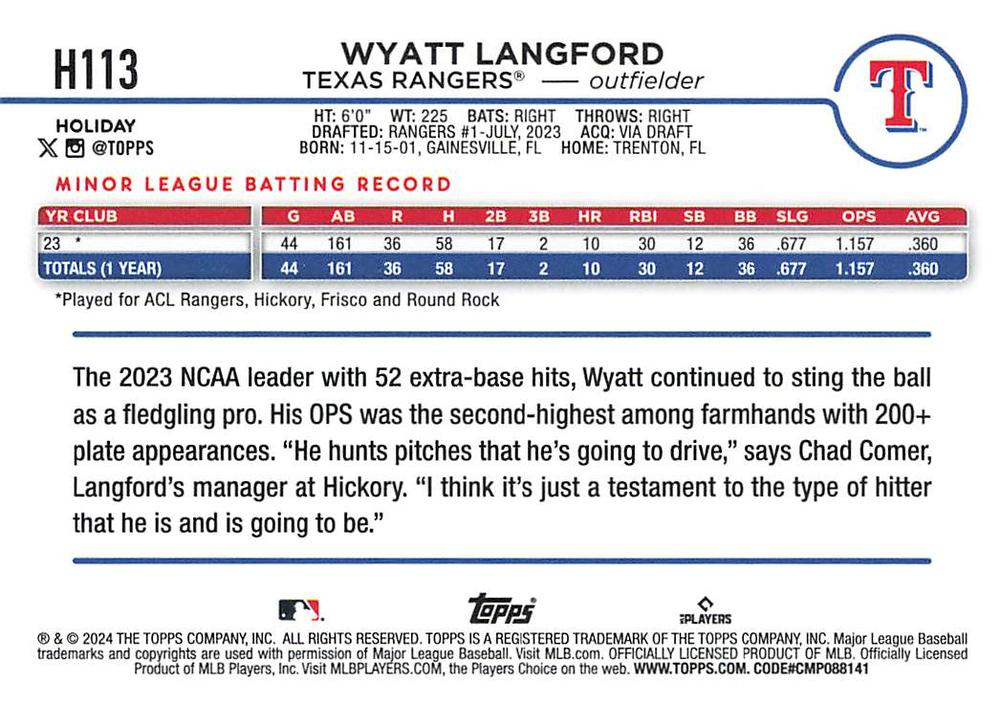 2024 Topps Holiday Wyatt Langford RC Texas Rangers #H113