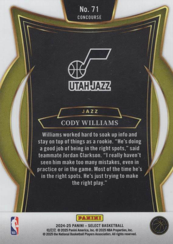 2024 Panini Select Cody Williams RC #71 Utah Jazz