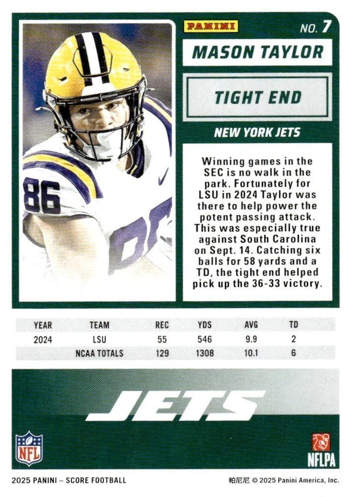 2025 Panini Score Mason Taylor RC #7 New York Jets
