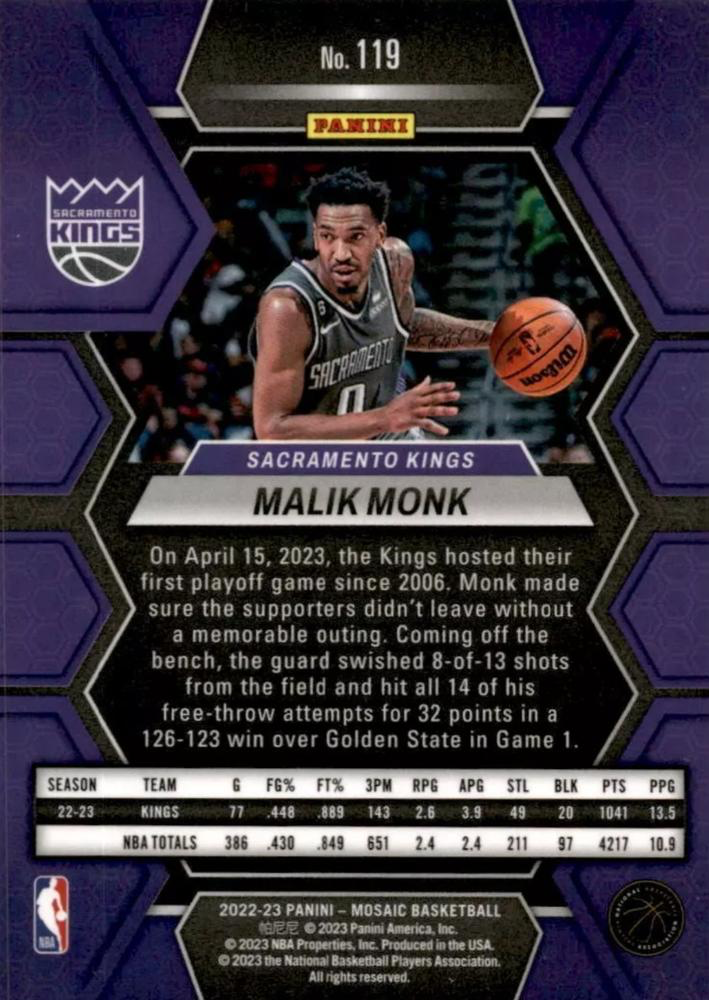 2022 Panini Mosaic Malik Monk #119 Sacramento Kings