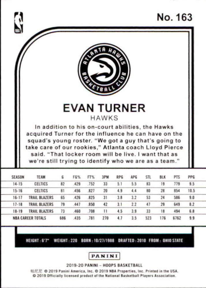 2019 Panini Hoops Evan Turner #163 Atlanta Hawks