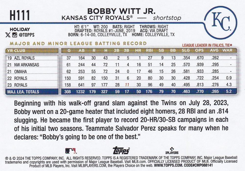 2024 Topps Holiday Bobby Witt Jr. Kansas City Royals #H111