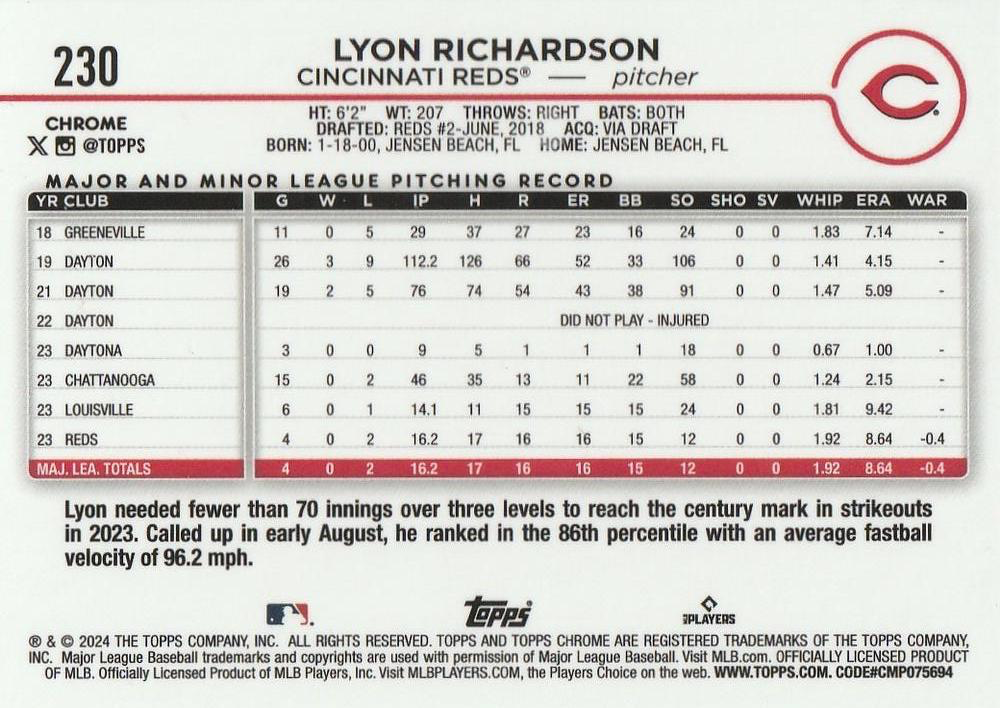 2024 Topps Chrome X-Fractor Parallel Lyon Richardson RC Cincinnati Reds #230