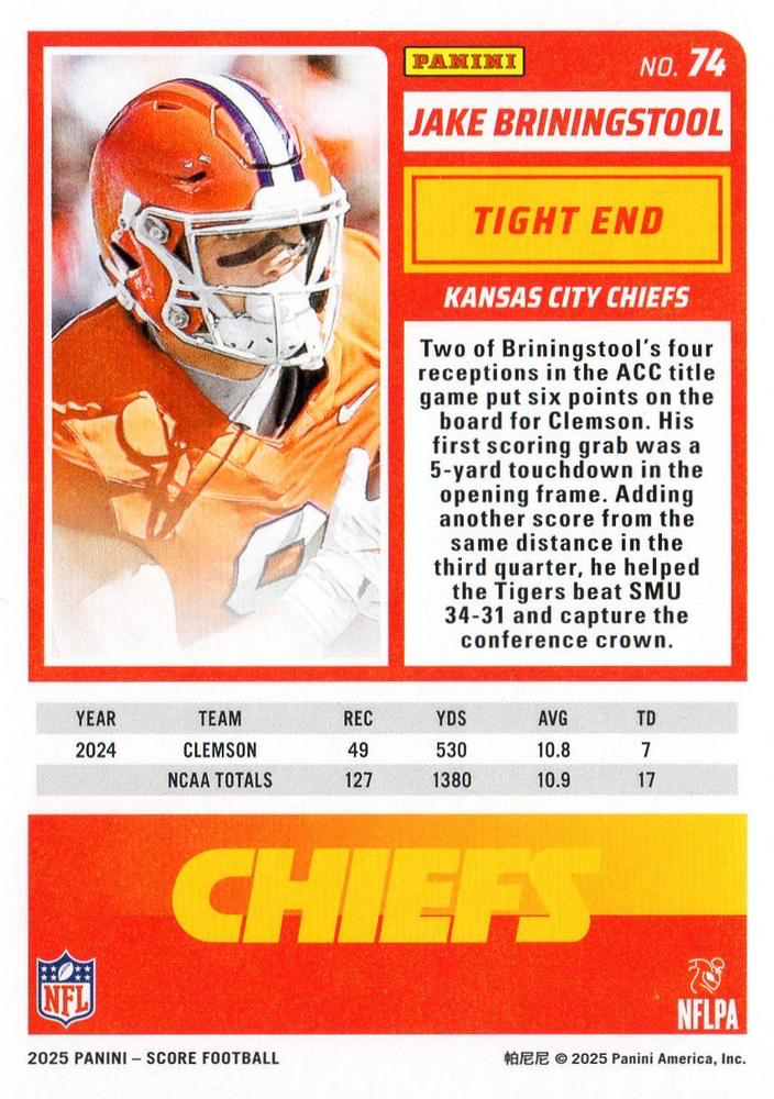 2025 Panini Score Jake Briningstool RC #74 Kansas City Chiefs