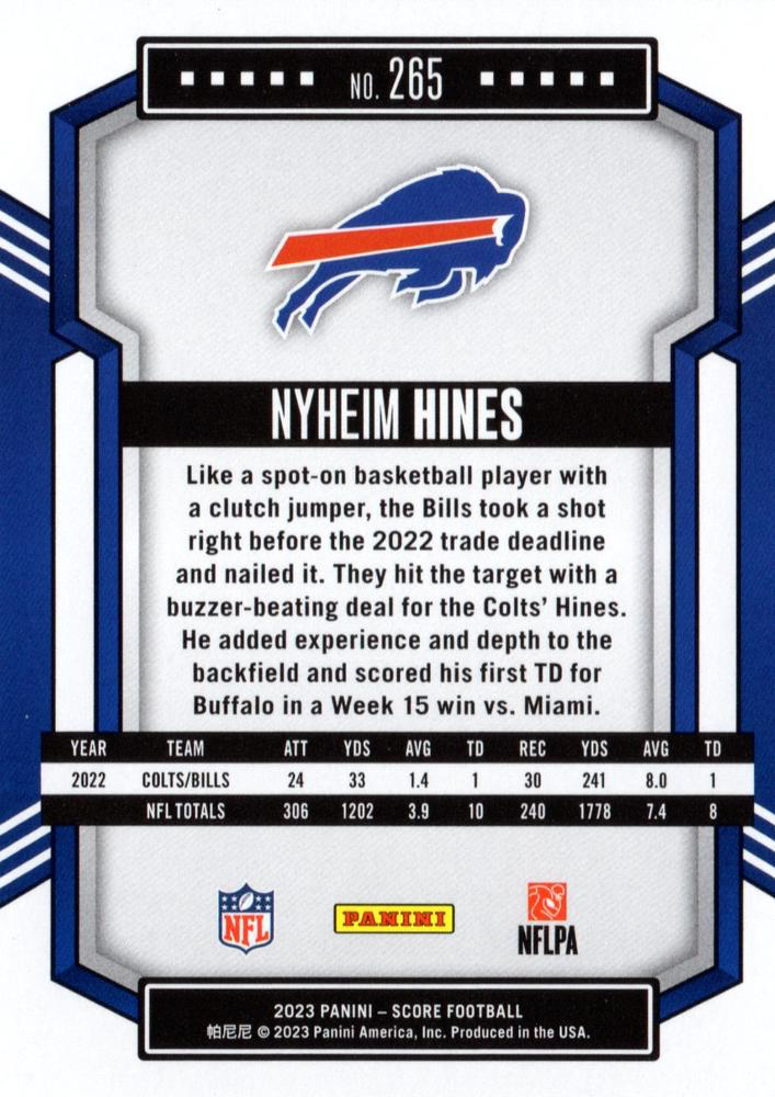 2023 Panini Score Football Nyheim Hines Buffalo Bills #265