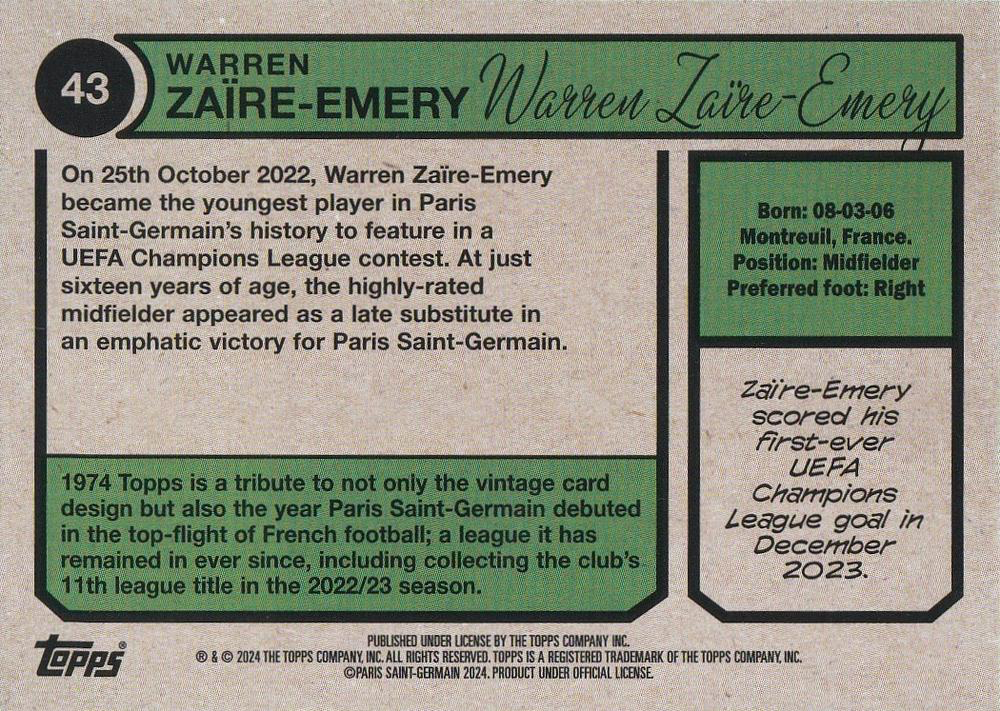 2023 Topps PSG Team Set 1974 Topps Warren Zaïre-Emery #43 Paris Saint-Germain
