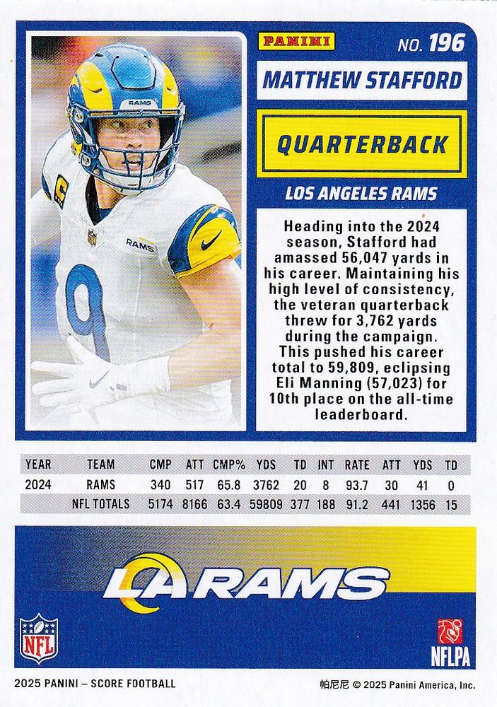 2025 Panini Score Matthew Stafford #196 Los Angeles Rams