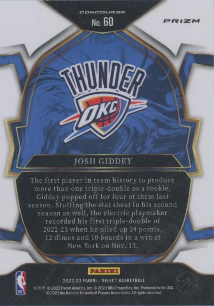 2022 Panini Select Silver Prizms Josh Giddey #60 Oklahoma City Thunder