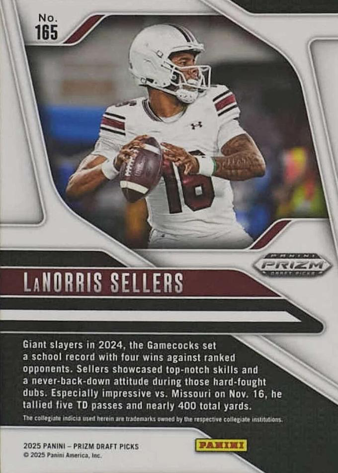 2025 Panini Prizm Draft Picks LaNorris Sellers #165 South Carolina Gamecocks