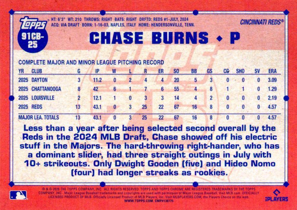 2026 Topps Chrome 1991 35th RC Chase Burns #91CB-25 Cincinnati Reds