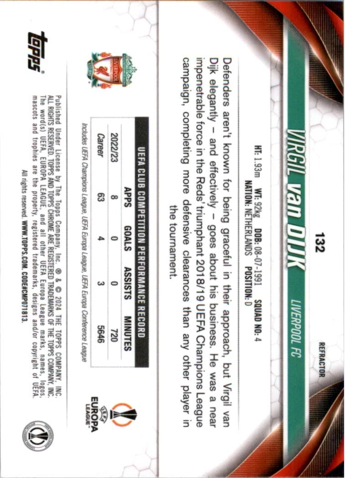 2023 Topps Chrome UEFA Club Competitions Virgil van Dijk Refractor #132 Liverpool