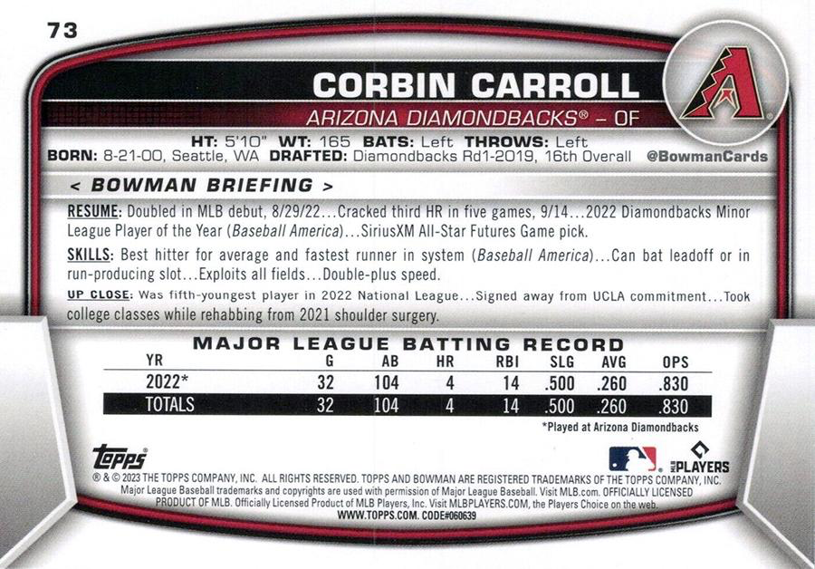 2023 Topps Bowman Corbin Carroll RC Arizona Diamondbacks #73