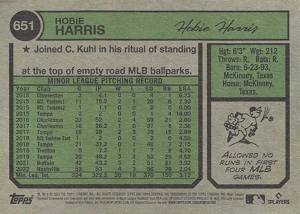 2023 Topps Heritage Hobie Harris RC Washington Nationals #651