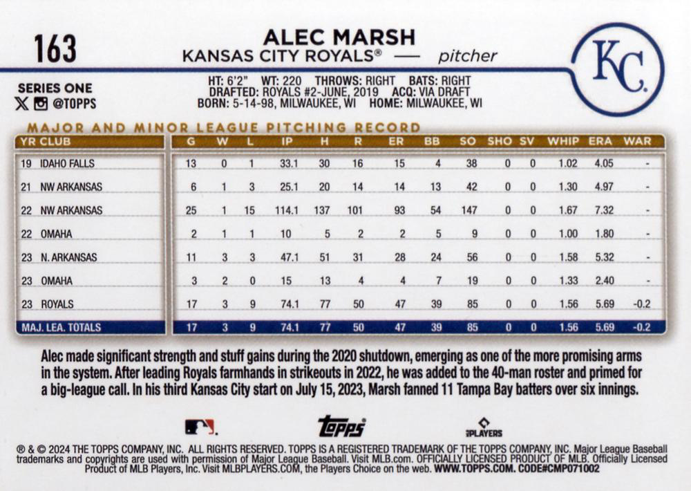 2024 Topps Series 1 Alec Marsh RC Kansas City Royals #163