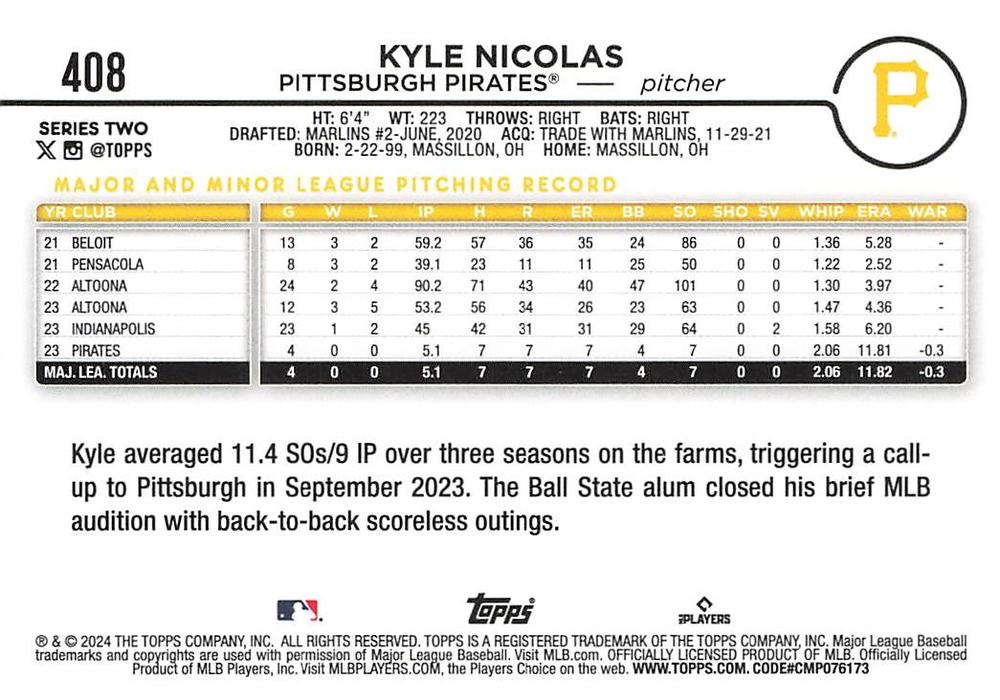 2024 Topps Series 2 Kyle Nicolas RC Pittsburgh Pirates #408