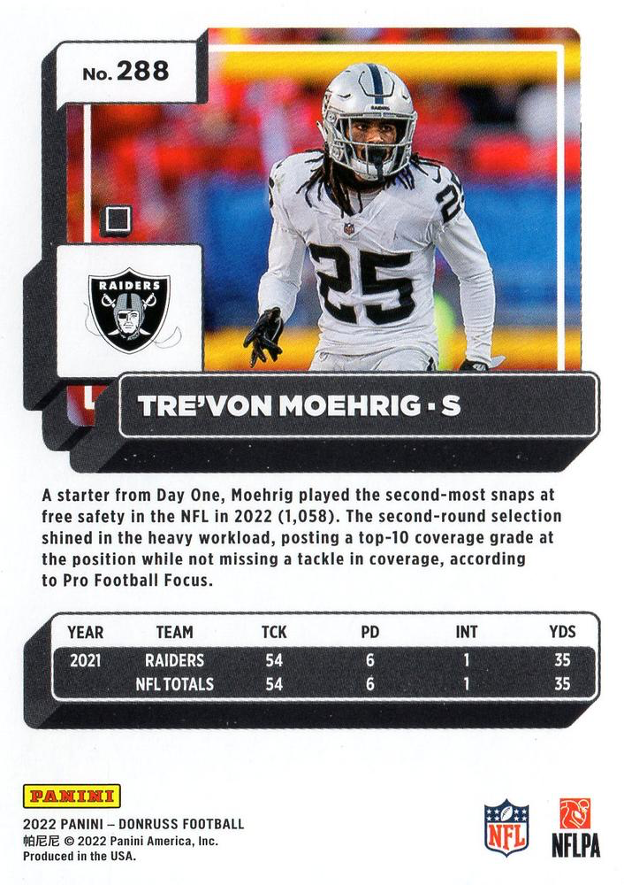 2022 Panini Donruss Tre'von Moehrig #288 Las Vegas Raiders