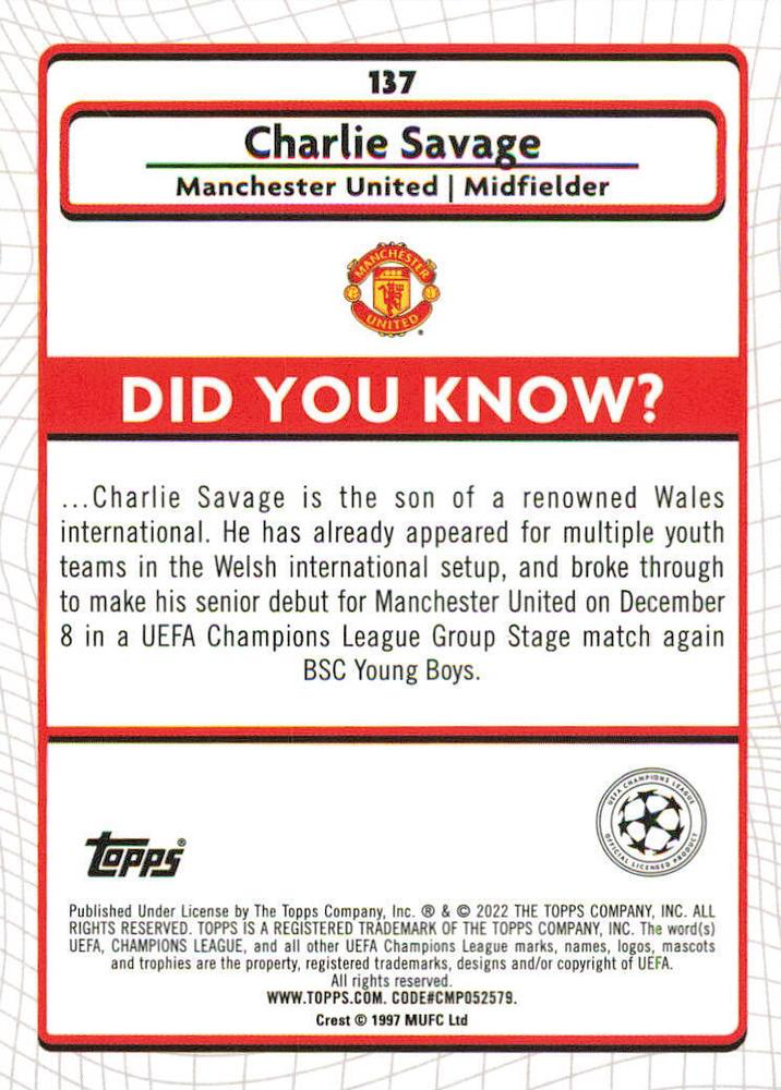 2021 Topps Merlin UEFA Club Competitions Charlie Savage RC #137 Manchester United