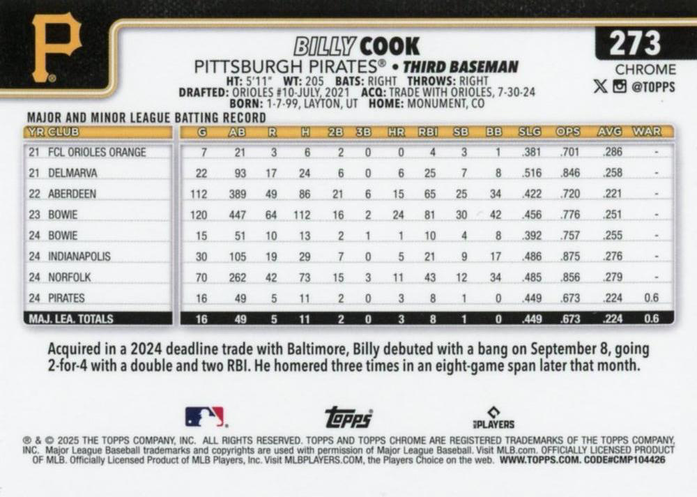 2025 Topps Chrome MLB Billy Cook RC #273 Pittsburgh Pirates