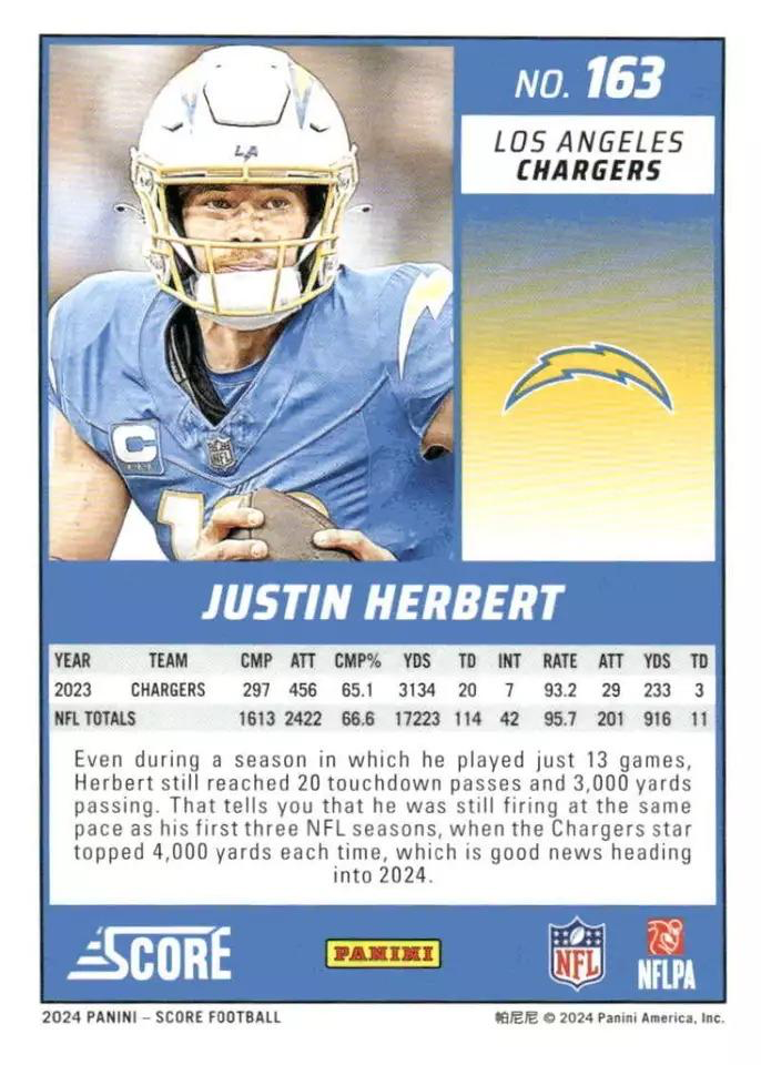 2024 Panini Score Football Justin Herbert Los Angeles Chargers #163
