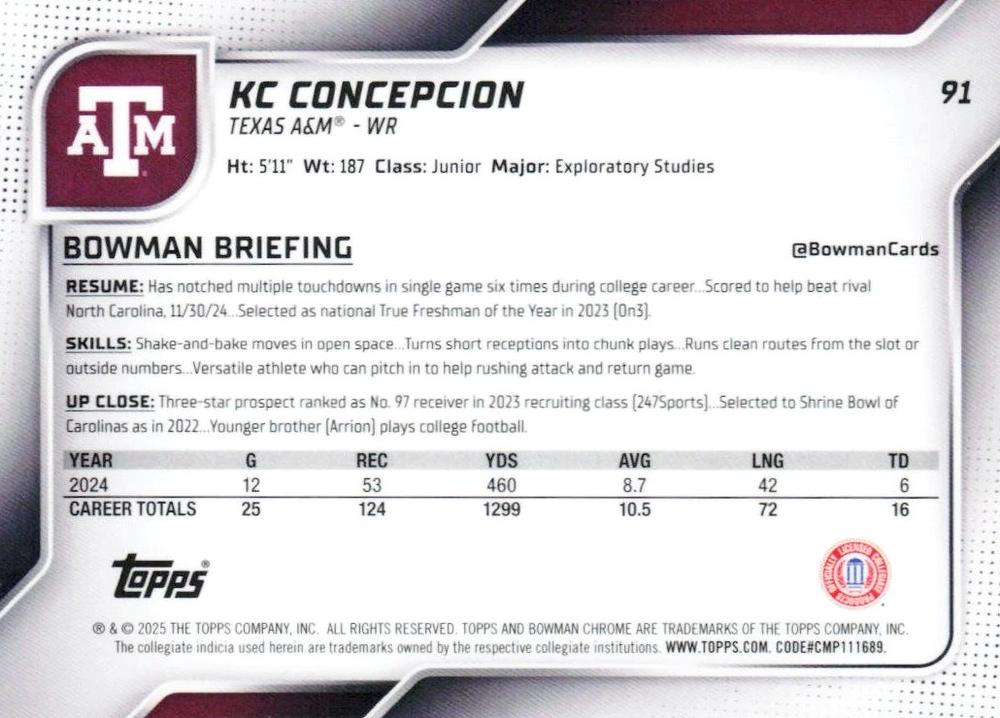 2025 Topps Bowman U Chrome KC Concepcion 1st #91 Texas A&M Aggies