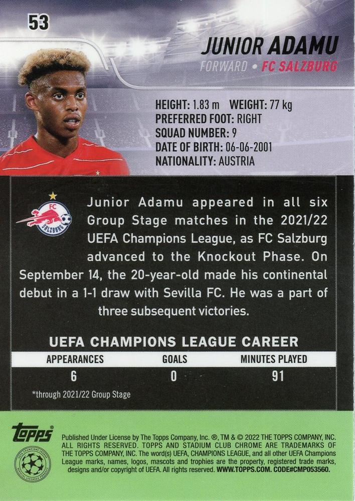 2021 Topps Stadium Club Chrome UCC RC Junior Adamu #53 FC Red Bull Salzburg